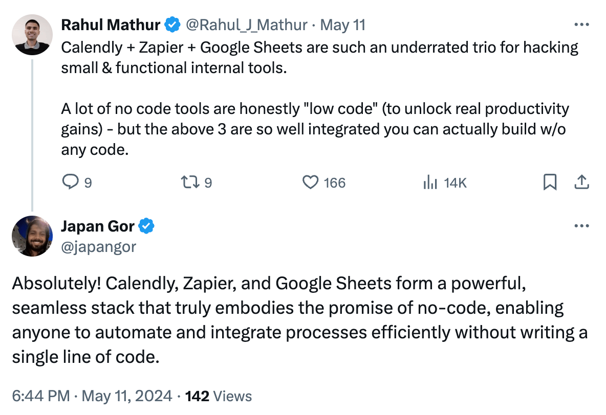 Screenshot of a conversation on X discussing the benefits of combining Calendly, Zapier, and Google Sheets for a "powerful, seamless stack that truly embodies the promise of no-code."