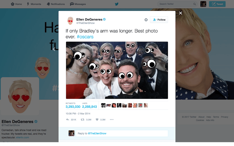 Photo tweet from the Oscars of Ellen Degeneres, Brad Pitt, Jennifer Lawrence, Bradley Cooper, and other celebrities, all with googly eyes, made possible by the Googlifier web extension.