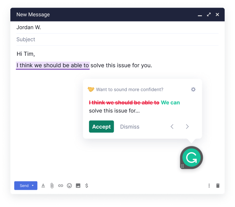 Screenshot showing how Grammarly for Chrome provides real-time writing suggestions in a Microsoft Outlook email.
