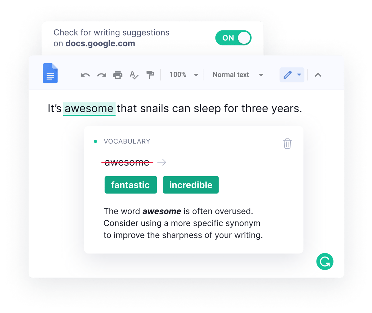 Screenshot showing how Grammarly's extension can pop up when you need it, and work for you without making you leave your document.