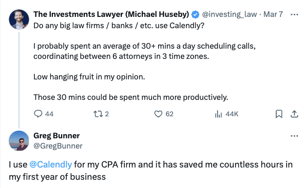 X post by @investing_law with reply from @GregBunner discussing Calendly usage among law firms, banks, and CPA firms
