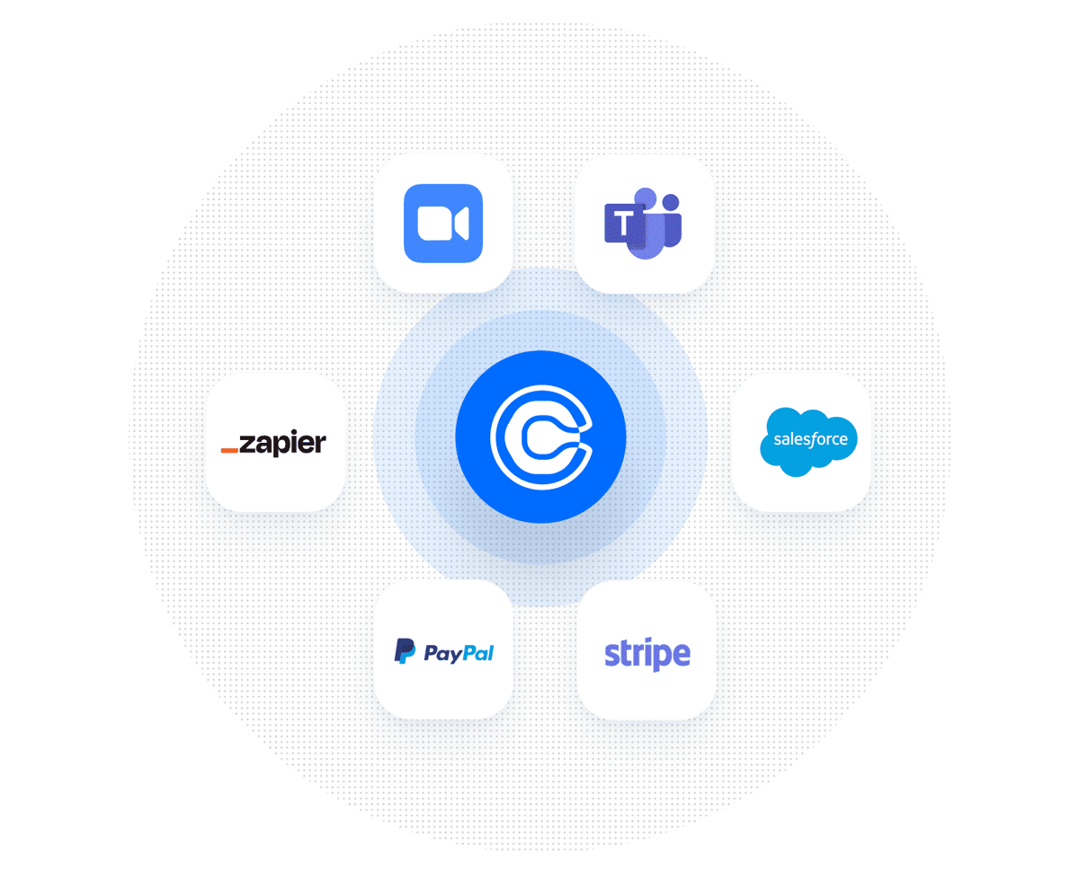Graphic showing logos for six popular Calendly integrations: Zoom, Microsoft Teams, Salesforce, Zapier, PayPal, and Stripe
