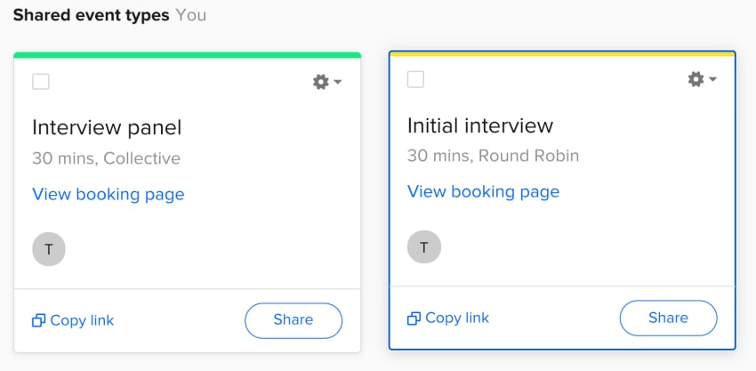 Examples of different interview Event Types created with Calendly