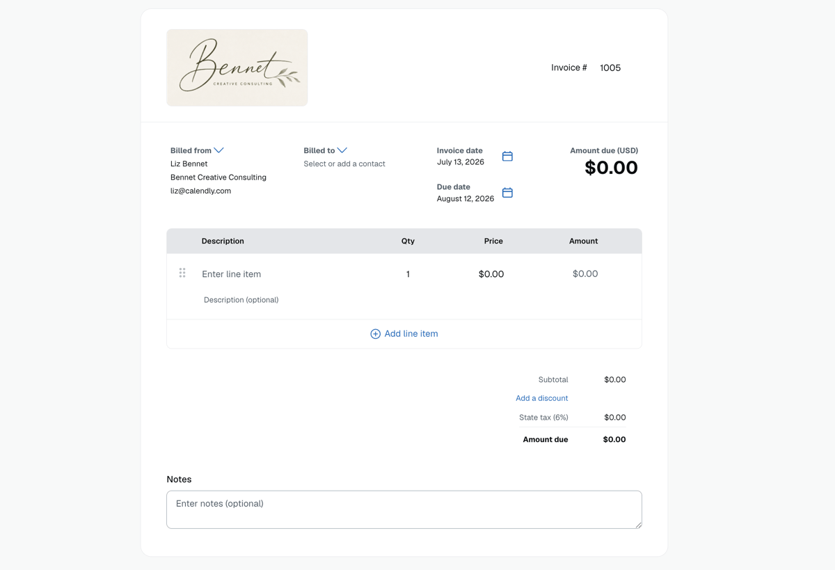 Calendly invoice builder showing a branded invoice template with billed from and billed to fields, invoice and due dates, line items, discounts, taxes, and notes.