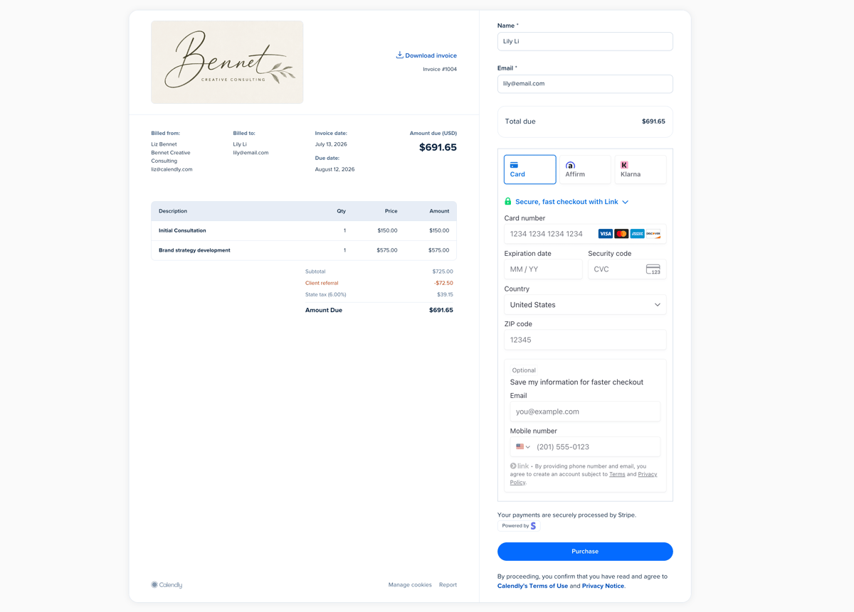 Hosted Calendly invoice page showing invoice details, amount due, line items, and a Stripe payment form with card, Affirm, and Klarna options.
