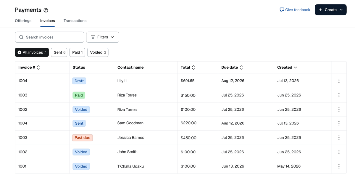 Calendly Invoices tab showing a list of invoices with statuses like draft, paid, voided, sent, and past due, plus totals and due dates.