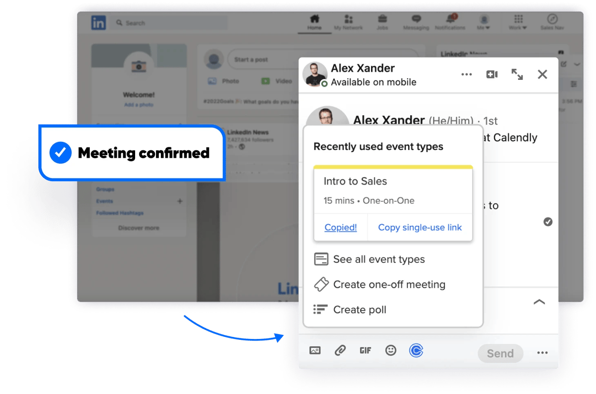 Stylized screenshot showing adding a Calendly Event Type to a LinkedIn message using the Calendly browser extension.