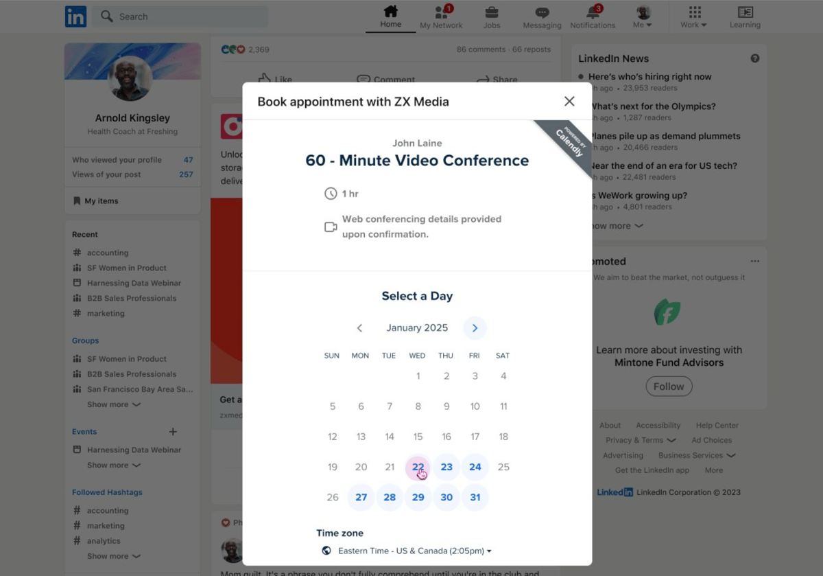 LinkedIn with an embedded Calendly booking window for a 60-minute video call, showing a January 2025 calendar with available dates.