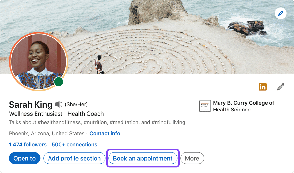 Screenshot of a LinkedIn profile for a health coach. The "Book an appointment" button in the header of her profile is highlighted with a purple circle.