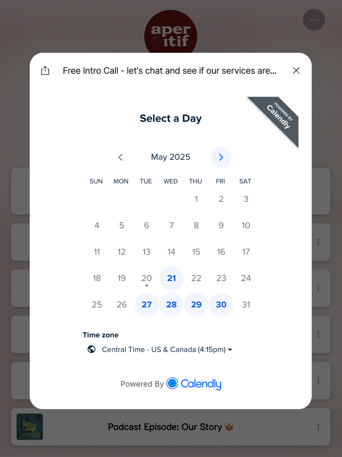 Screenshot of a Calendly booking page for a Free Intro Call opened within Aperitif Collective's Linktree page.
