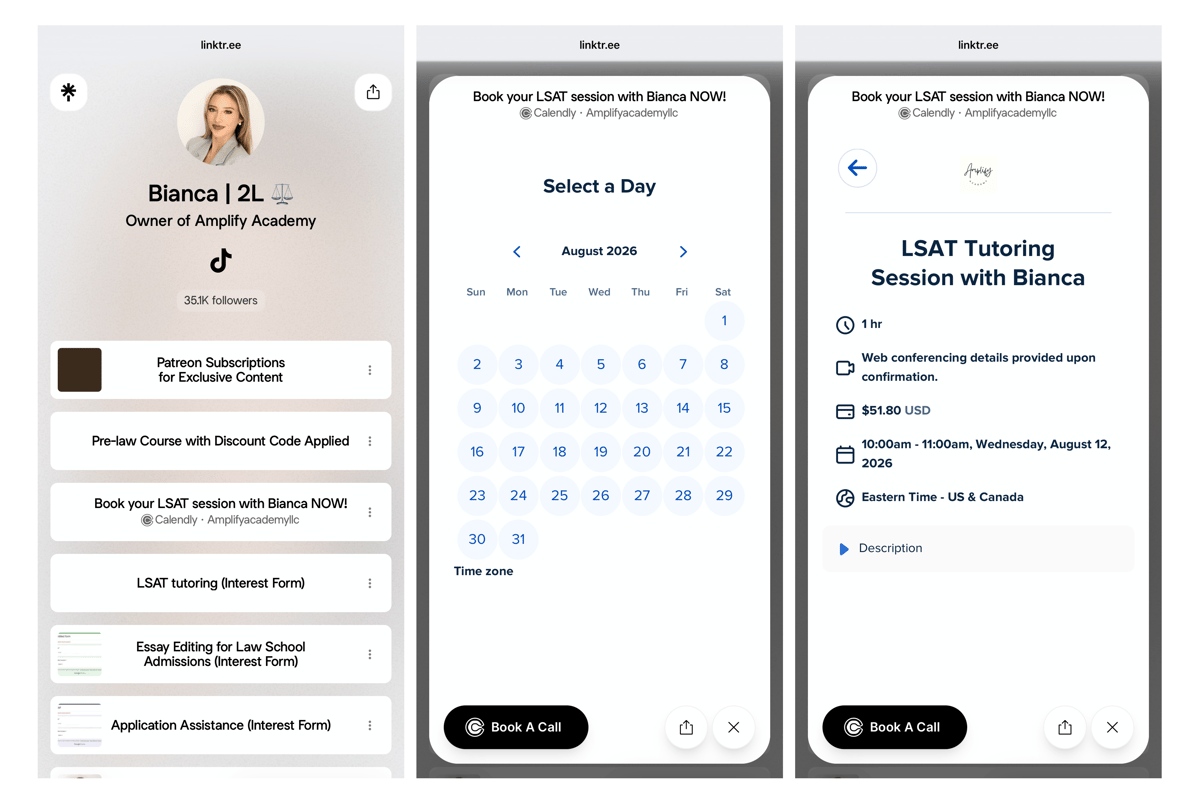 Three Linktree screens show a Calendly link for LSAT tutoring, an August 2026 date picker, and booking details for a one-hour session.