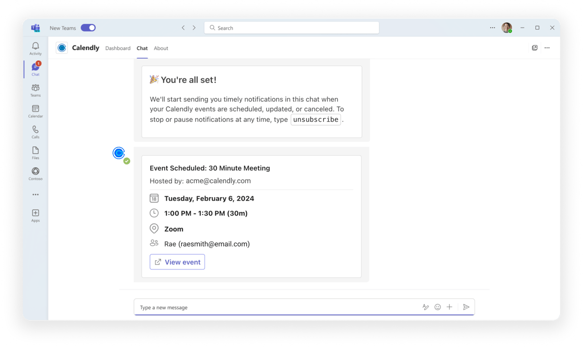 Screenshot of the Calendly app in Microsoft Teams. A message from the Calendly bot shares the details of a new scheduled meeting.
