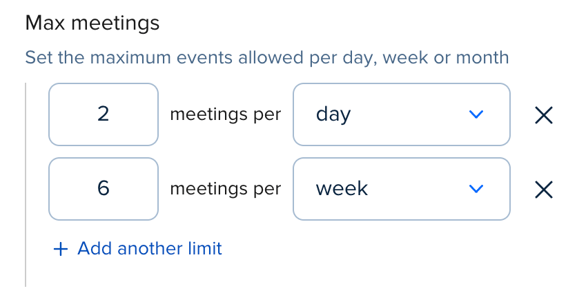 Screenshot of the Event Type settings for a Calendly Event Type. The Max meetings settings show a maximum of 2 meetings per day and 6 meetings per week.