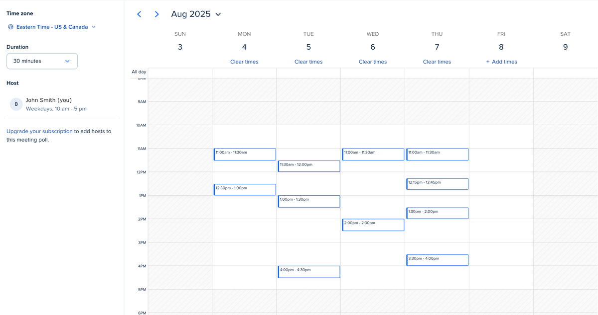 It's easy to select polling times in Calendly and let multiple people vote. 