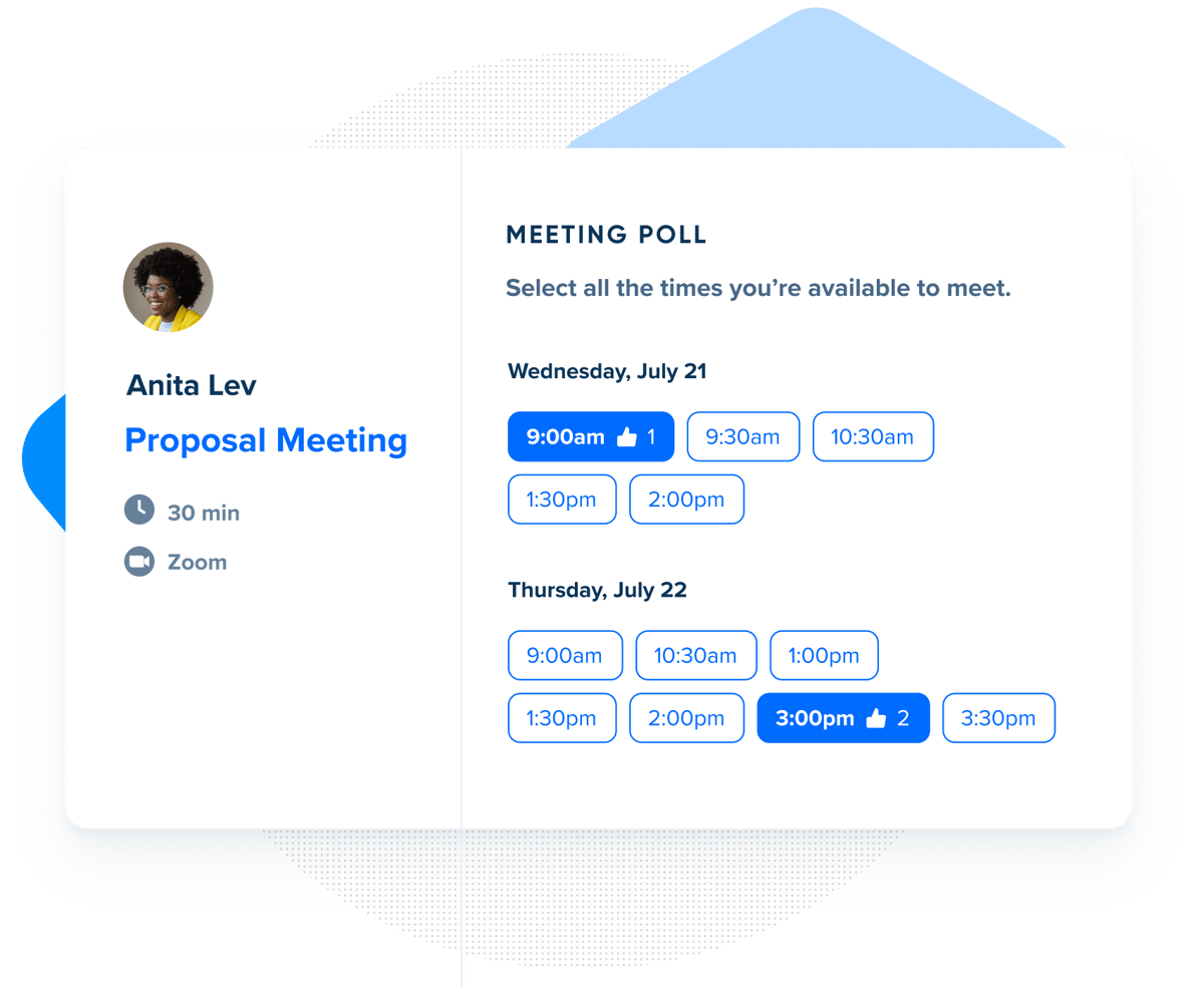 Screenshot of a Calendly Meeting Poll where a sales rep is inviting several people to vote on the best meeting time for a Proposal Meeting.