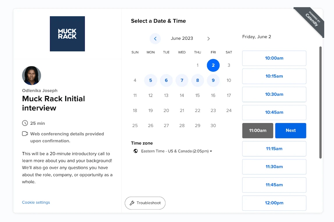 Screenshot of a Calendly scheduling page for a "Muck Rack Initial Interview" event.