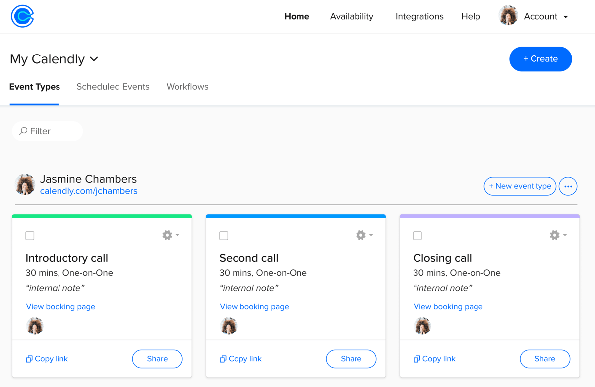 Screenshot of multiple event types: Introductory call, Second call, Closing call