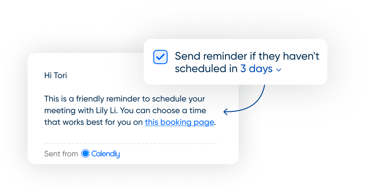 Stylized screenshot of the reminder nudge in the Calendly email composer. The box next to "Send reminder if they haven't scheduled in 3 days" is checked.