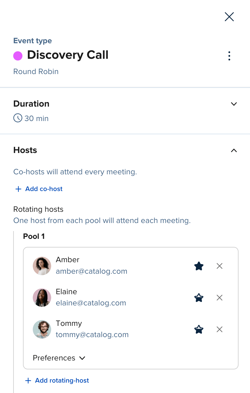 Screenshot of Round Robin Settings in the Calendly Event Type editor. A dropdown shows the distribution method options to maximize availability or optimize for equal distribution.