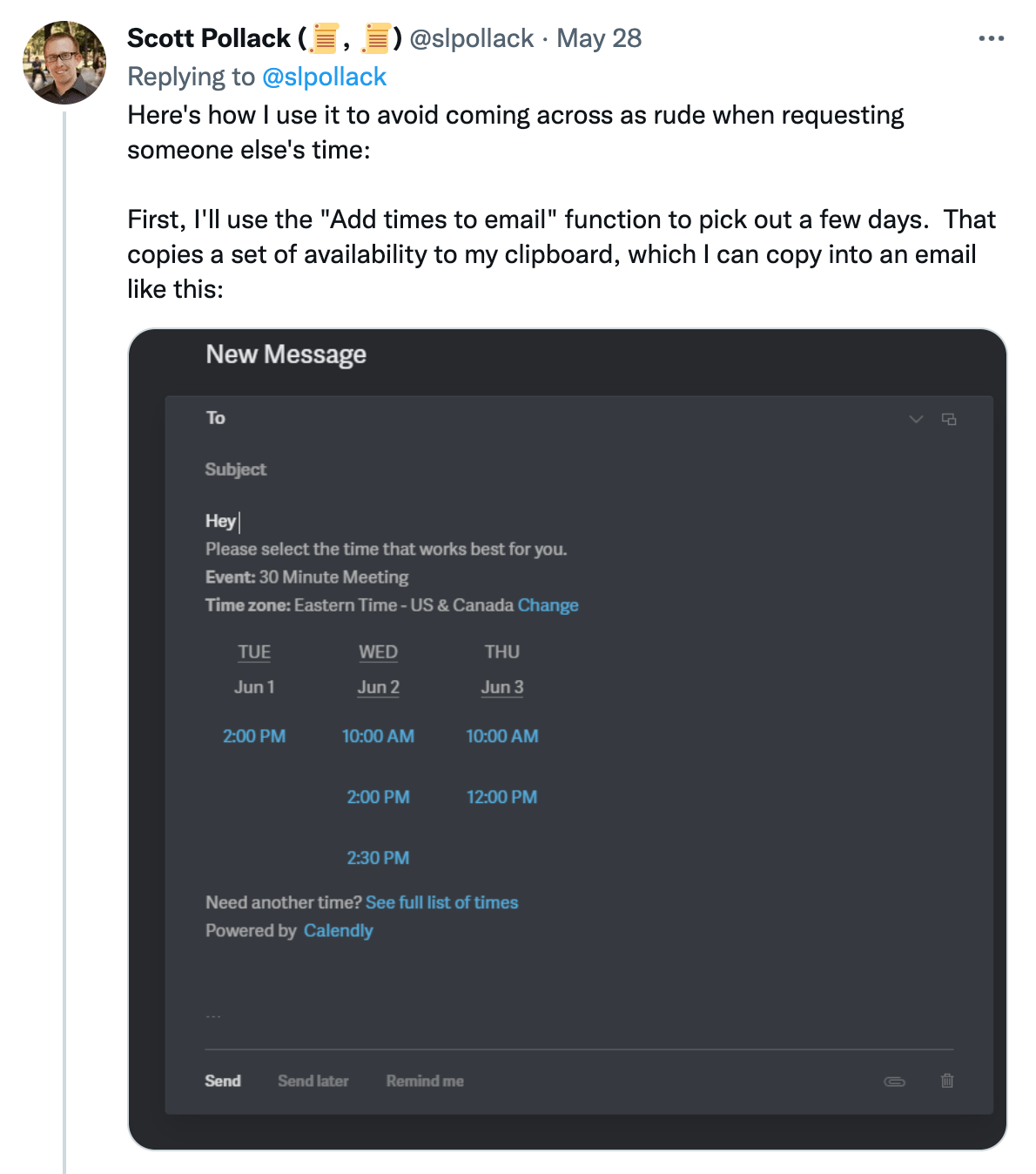 Embedding times in an email - screenshot
