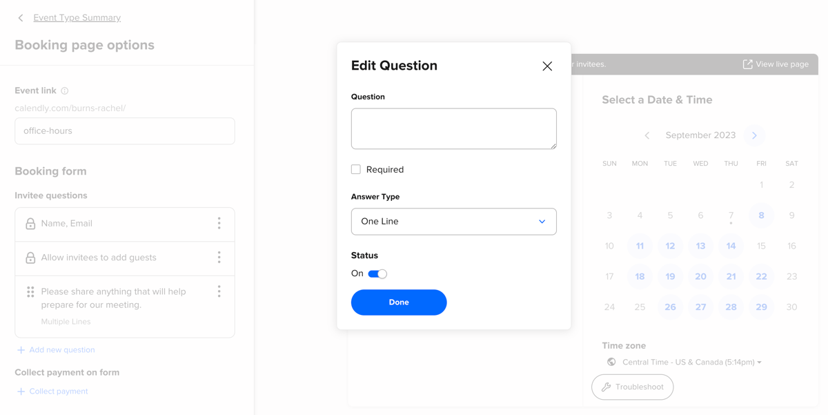 Screenshot of the Calendly Event Type editor, showing adding a new question to a booking page in the "Booking page options" section.