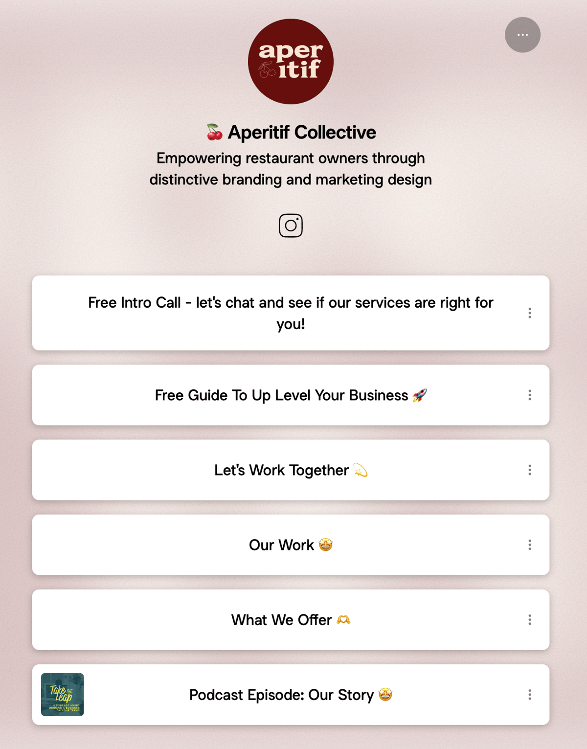 Screenshot of Aperitif Collectives' Linktree. Links include a free intro call, free guide, Let's Work Together, Our Work, What We Offer, and a podcast episode.
