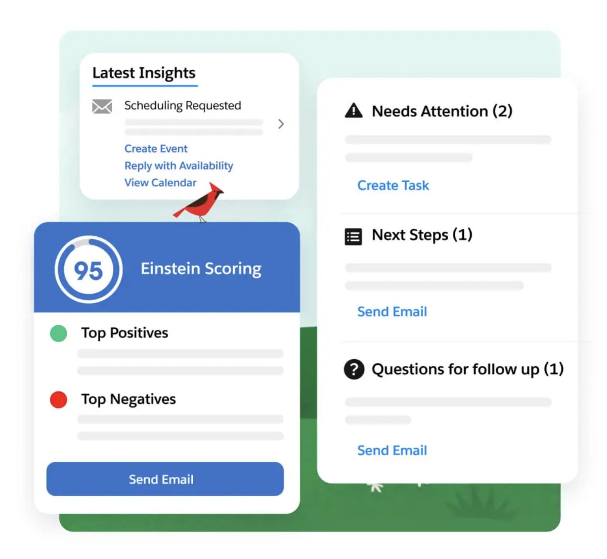 Stylized screenshot of features in Salesforce Sales Cloud, including Einstein Scoring and Latest Insights