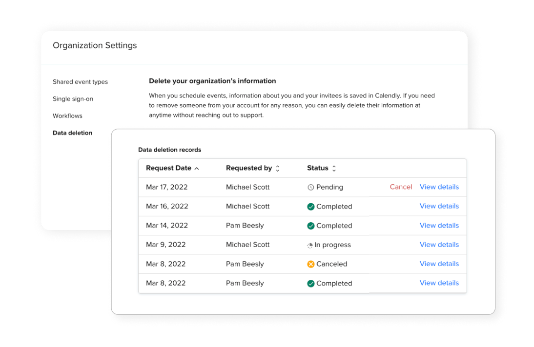 Screenshot: Delete data in Organization Settings.
