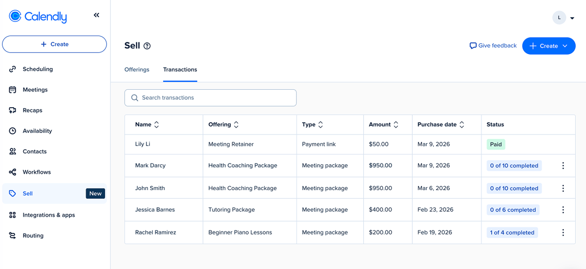 Screenshot of the Sell tab in Calendly. The Transactions section shows recent purchases including customer name, offering, purchase type, amount, purchase date, and status.