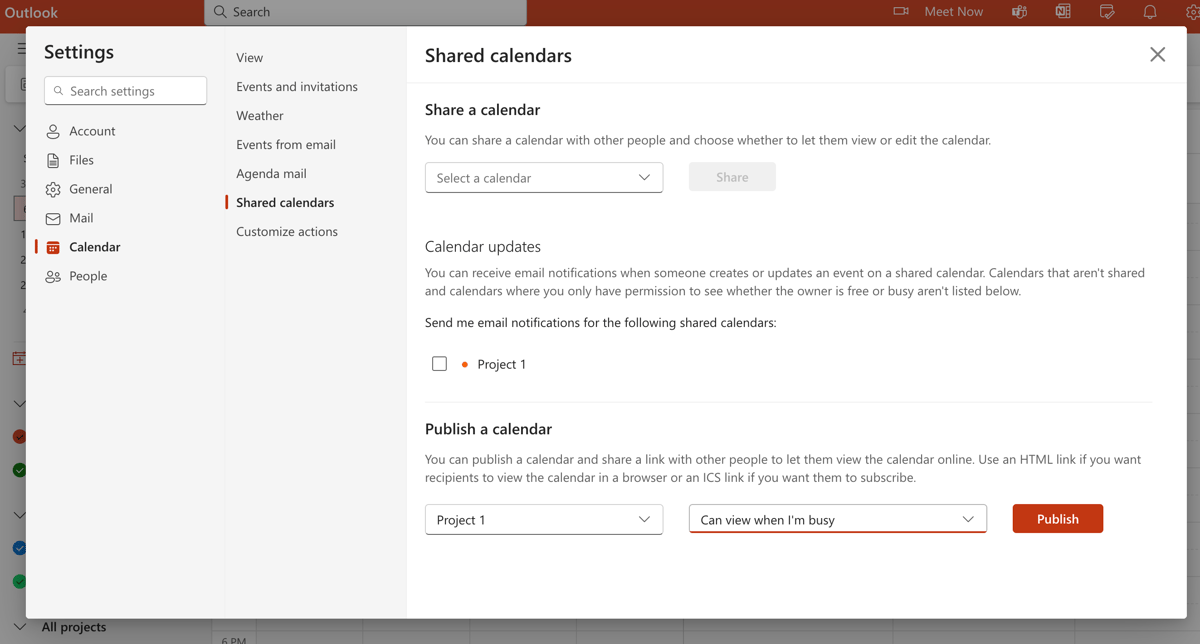 Screenshot of Shared calendars settings in Microsoft Outlook for web