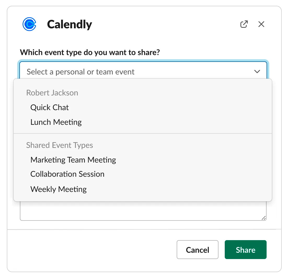 Screenshot of the Calendly app in Slack showing how to share a link to a Calendly event.