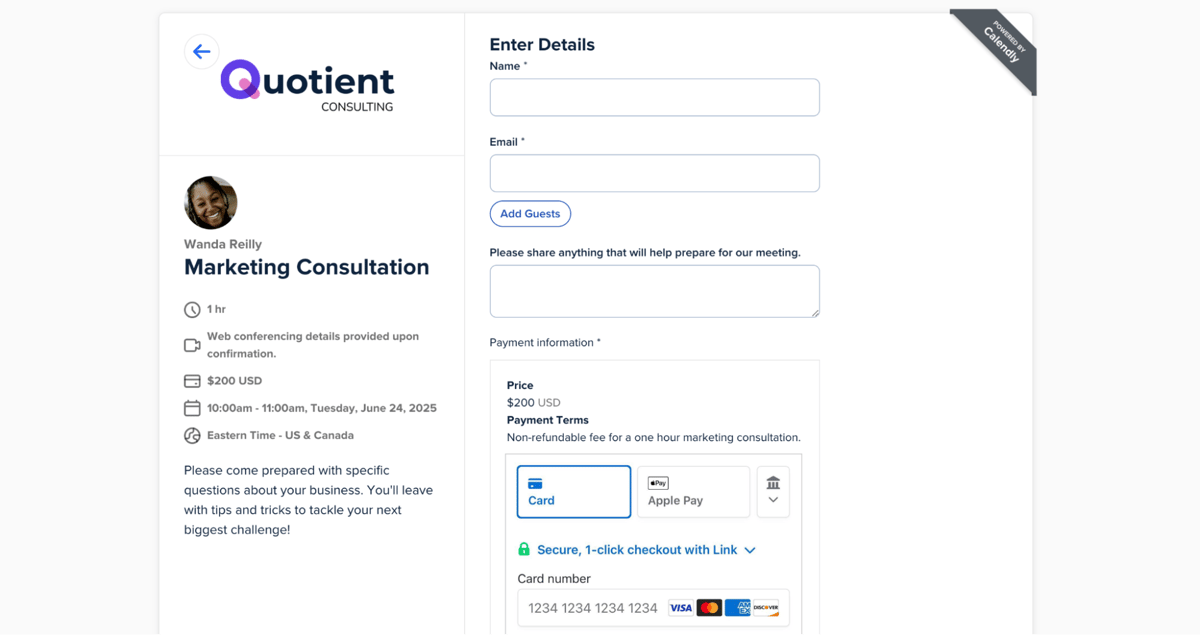 Screenshot of the billing page for a Marketing Consultation meeting booked via Calendly.