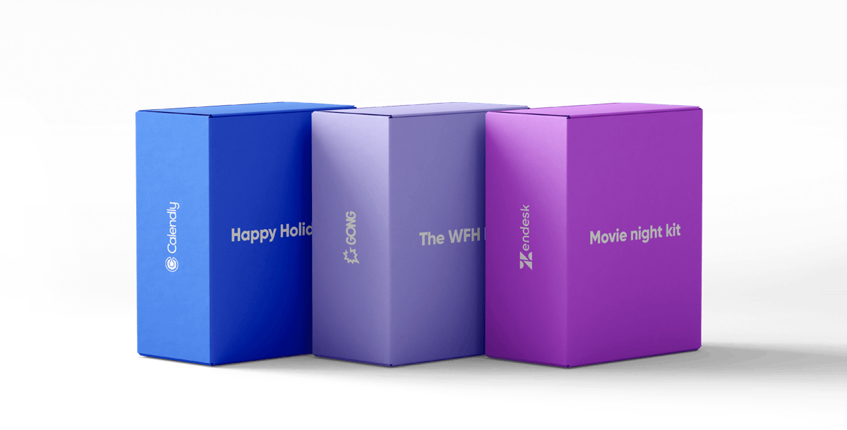 Stylized image of Sendoso gift boxes for Calendly, Gong, and Zendesk