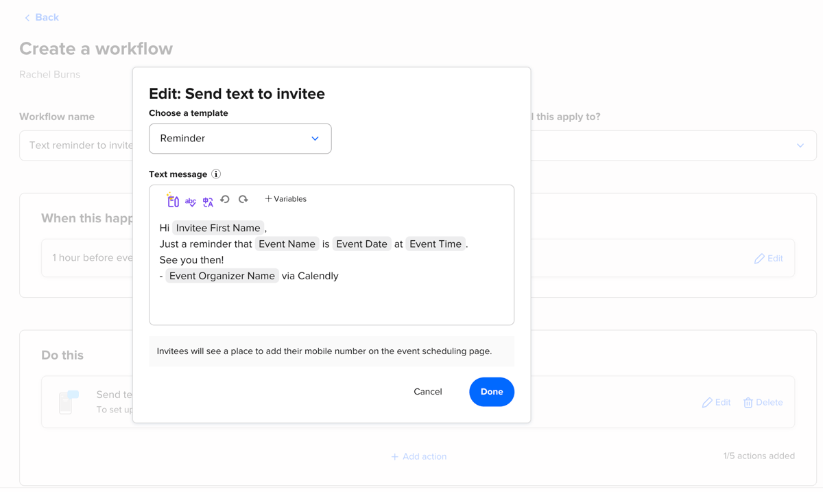 Screenshot of the Workflow template editor for a Reminder text message