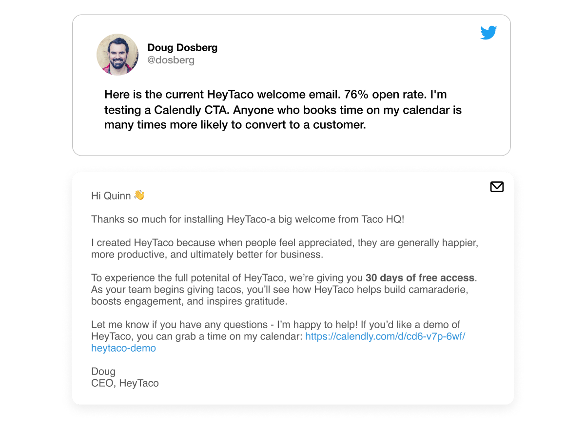 HeyTaco tweet and welcome email sample