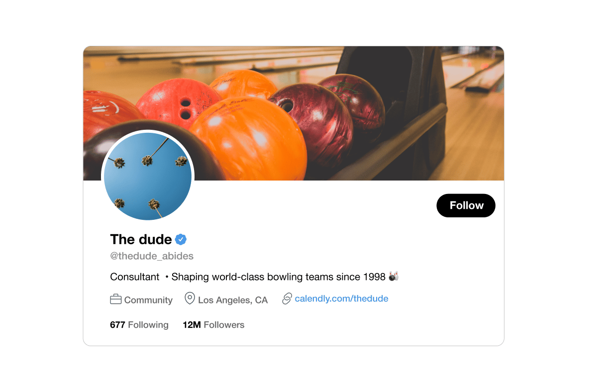 Calendly link in social media profile - Twitter Lebowski mockup