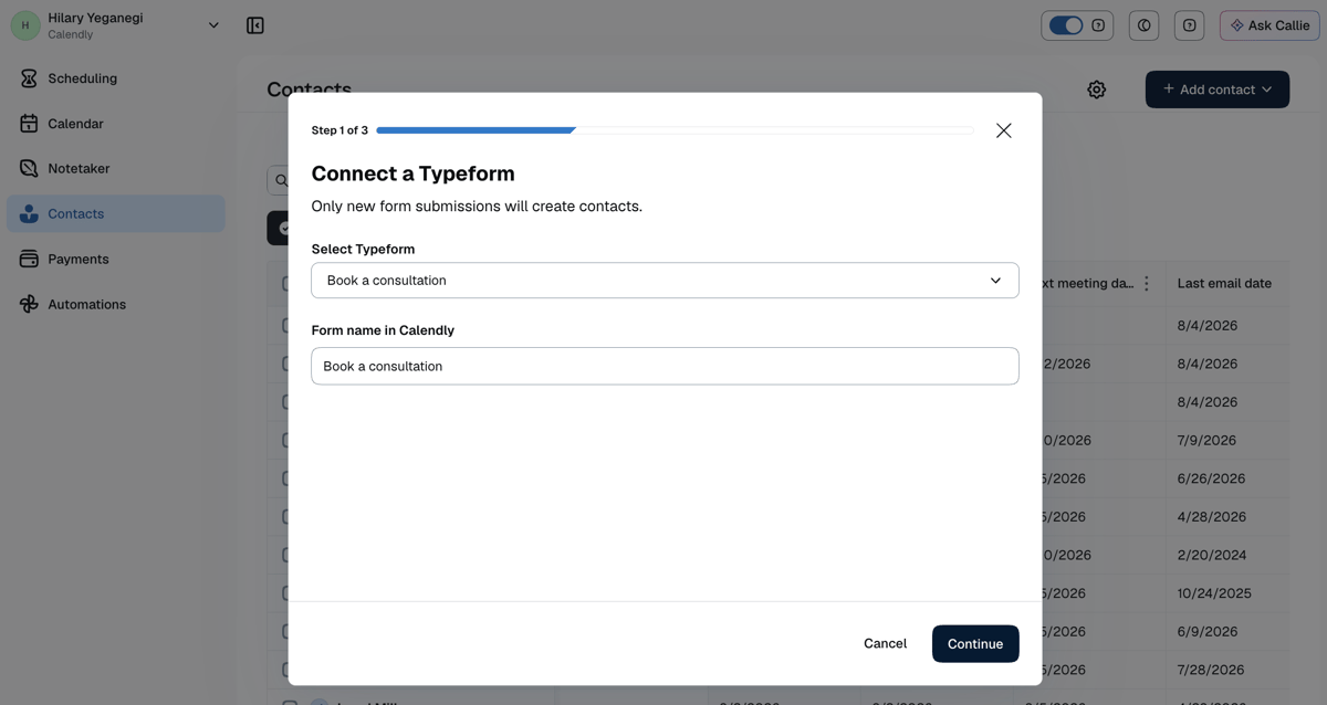 Calendly setup screen for connecting a Typeform form and choosing the form name used in Calendly Contacts.