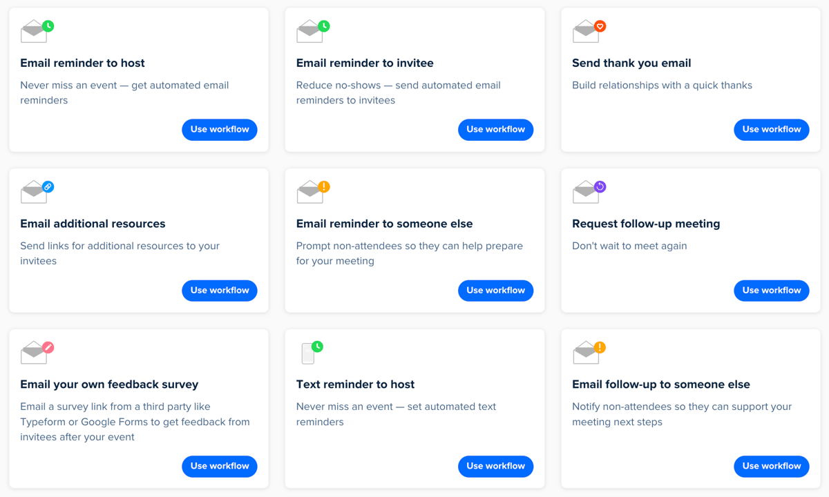 Screenshot of the Workflows templates page in Calendly. Some of the Workflow templates shown include email reminder to host, send thank you email, and request follow-up meeting.