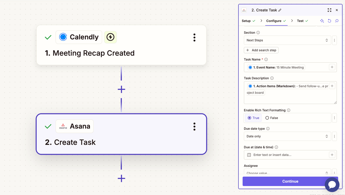 Zapier workflow showing a Calendly “Meeting Recap Created” trigger connected to an Asana “Create Task” action.