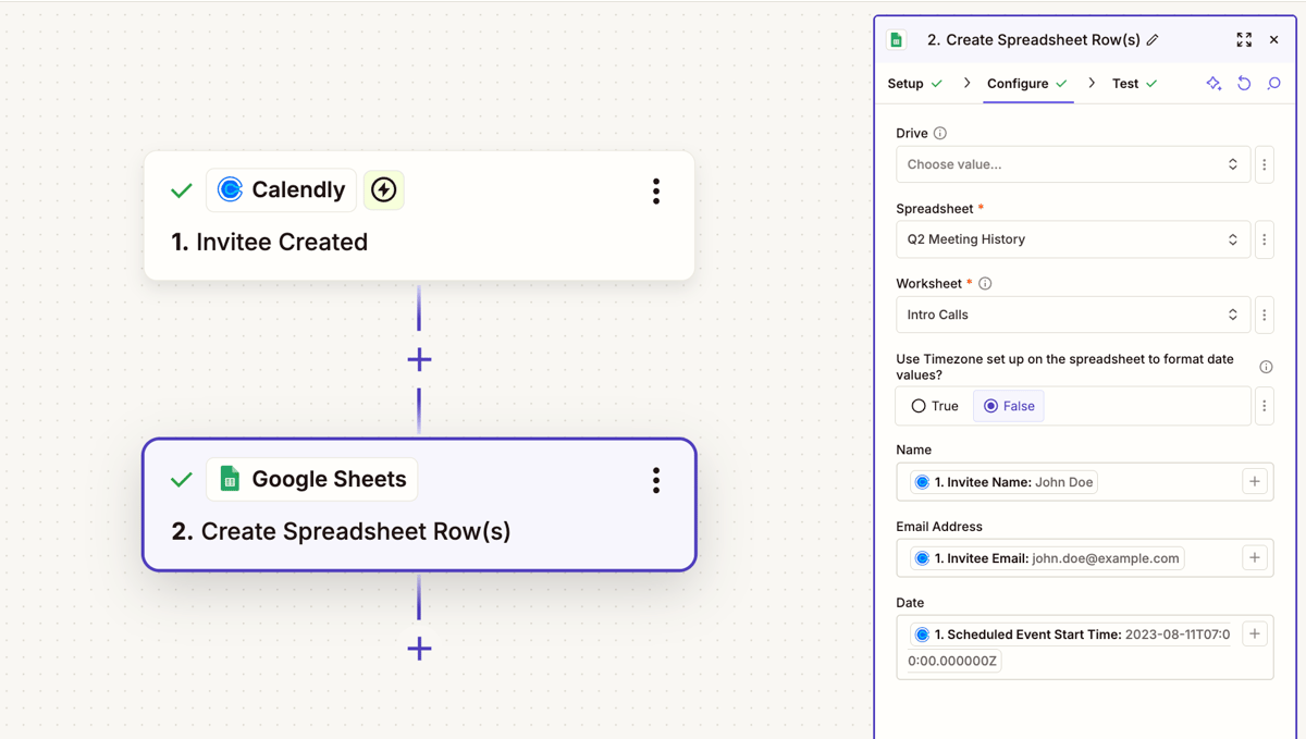 Screenshot of zap setup for trigger Invitee Created in Calendly and action Create Spreadsheet Row in Google Sheets.