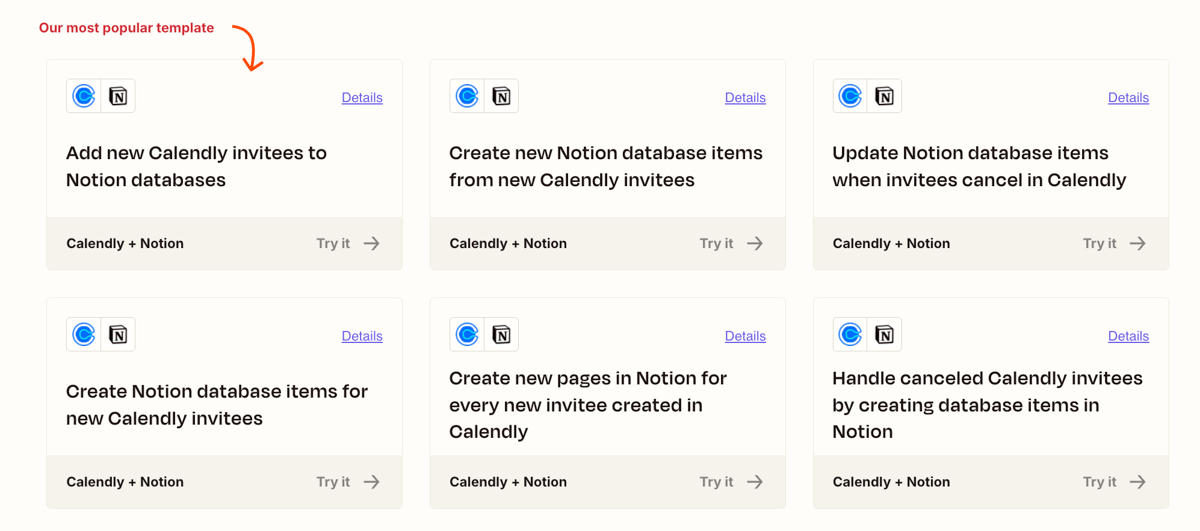 Zapier template gallery showing Calendly and Notion automation templates, including options to add new invitees to Notion databases and update records when invitees cancel.