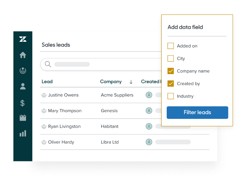 Stylized screenshot of the Zendesk Sell dashboard showing a list of sales leads and options for filtering by data field.