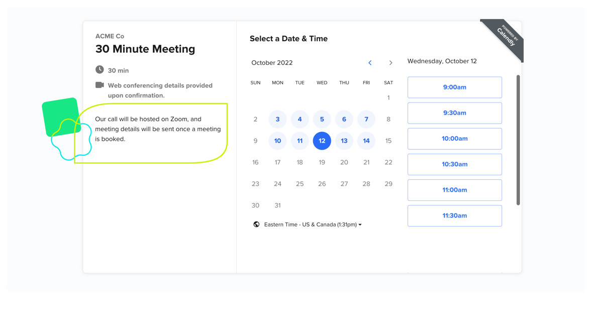 Invitees see a message about how the meeting will be hosted on Zoom, and details will be sent after booking.