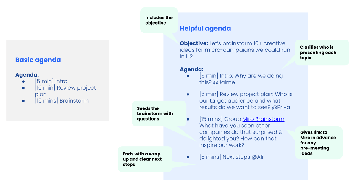 Side-by-side comparison of a "basic agenda" and a "helpful agenda." The basic agenda has vague bullet points. The helpful agenda includes the objective, who owns each agenda item, and more details on the meeting content.