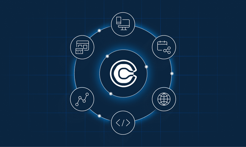 Calendly API illustration showing the Calendly logo surrounded by icons for scheduling, integrations, analytics, and developer tools.