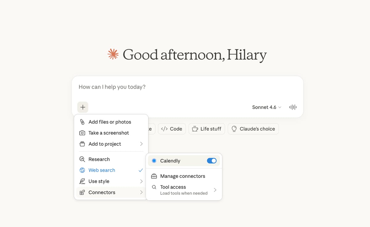 Screenshot of a new conversation in Claude. The plus sign is selected, and the Connectors menu item shows that the Calendly connector is toggled on.