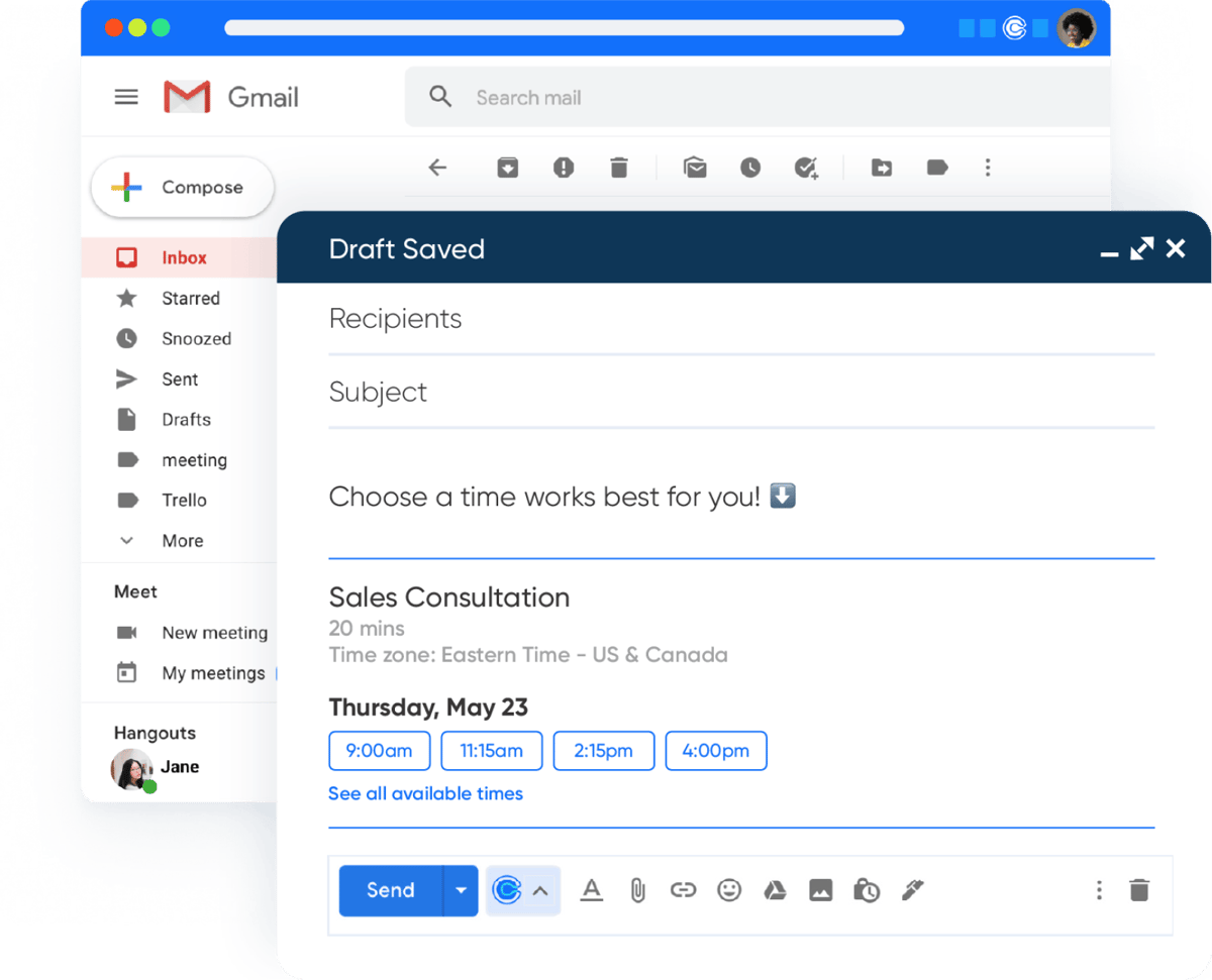 Stylized screenshot of the Gmail compose window. Calendly meeting times are embedded in the email copy.