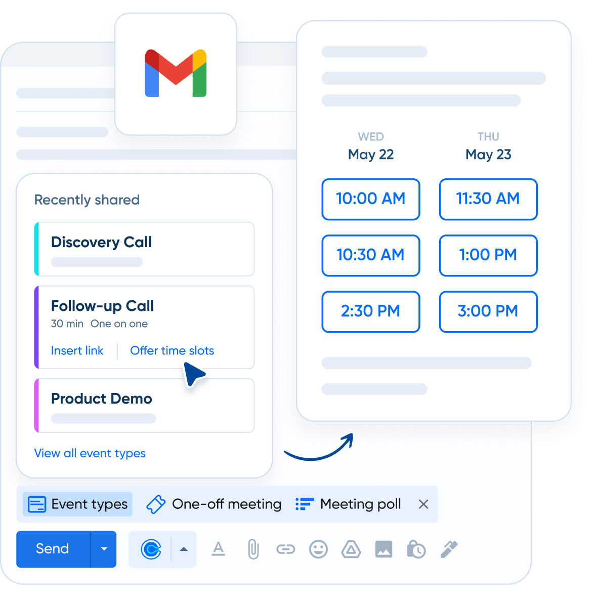 Stylized screenshot of using Calendly's Chrome extension to select and add meeting times to an email in Gmail.