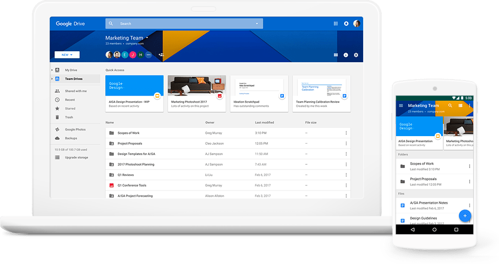 Screenshots of Google Drive showing a team drive called "Marketing Team". The screenshots show both desktop and mobile versions of Google Drive.