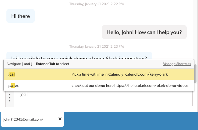 screenshot of the shortcut in an Olark chat with a customer